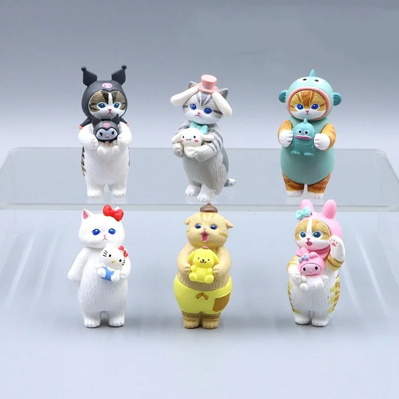 Mini Figura Modelo Kawaii, Mofusand X, Sanrio, Tubarão, Gato, Segure Kuromi, Hello Kitty, Hangyodon, Presentes Pet, 5.1-5.4cm, 6 Unidades por lote