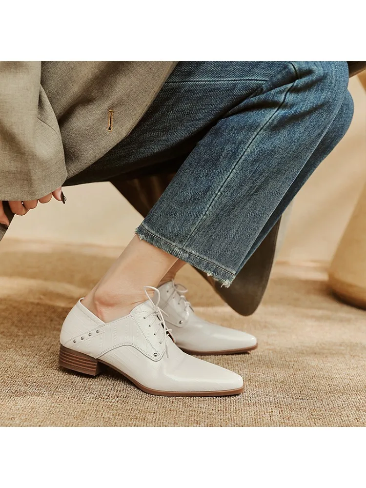 Escarpins classiques en cuir véritable pour femmes, chaussures de bureau décontractées à talons bas, confortables, à lacets, à talons hauts, printemps-automne