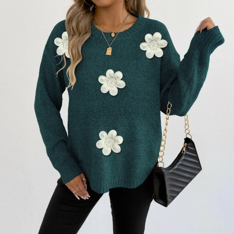 Women's Flower Embellished Sweater Round Neck Loose Fit Long Sleeve Knit Top Multi Color Casual Fashion Pullover