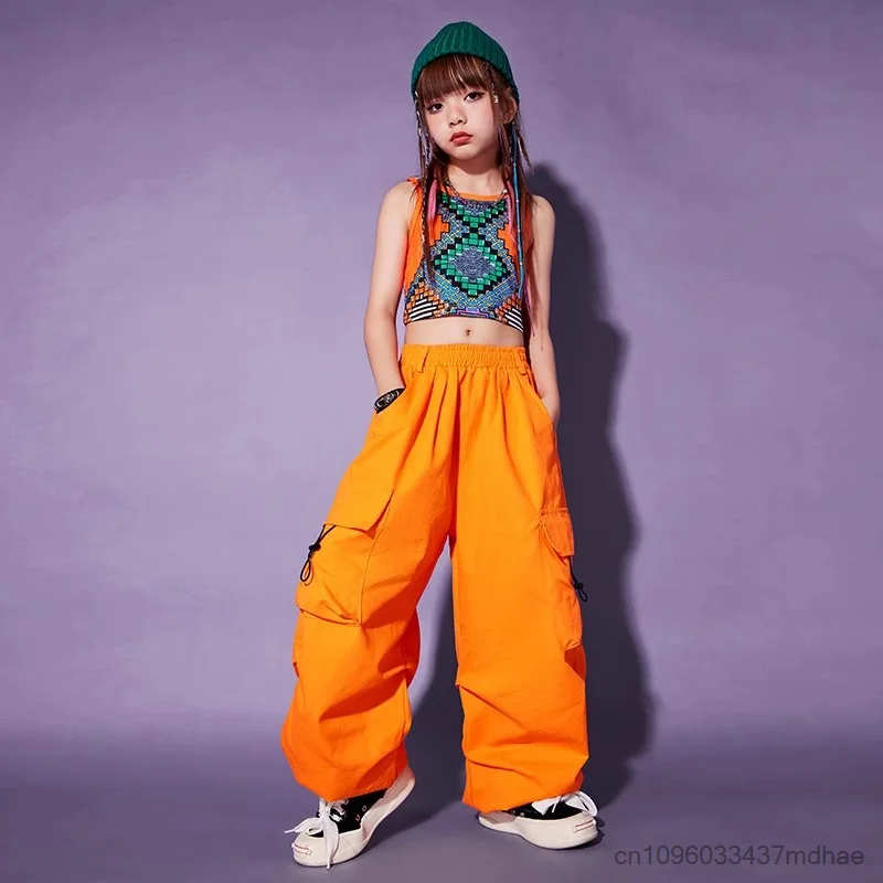

Enfant Hip Hop Clothing Geometry Print Crop Tank Top Orange Casual Pants for Mädchen Jazz Dance Costume Performance Wear Clothes