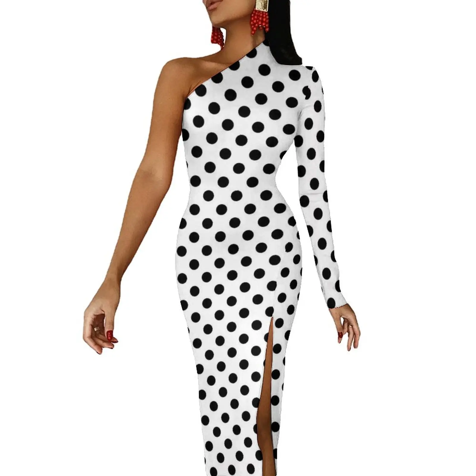 Polka Dots Maxi Dress One Shoulder Classic Black and White Streetwear Bodycon Dresses Spring Night Club Dress Women Vestidos