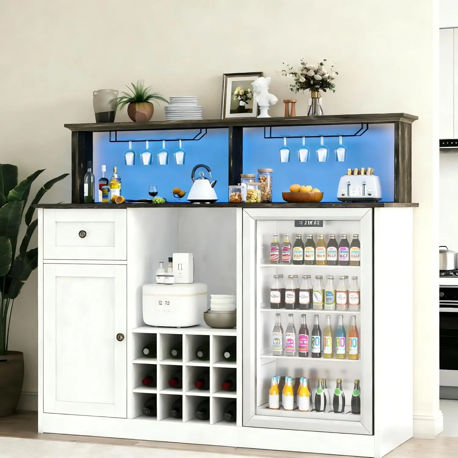 

55" Wine Bar Cabinet with Mini Fridge Space,Freestanding Liquor Coffee Bar for Living Room,White