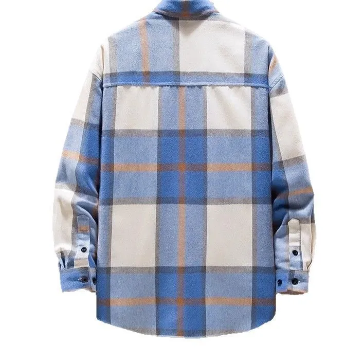 Camel Spring and Autumn Foreign Trade Men's Woolen Checkered Long sleeved Shirt Men's Casual Color blocked Cardigan Shirt Coat