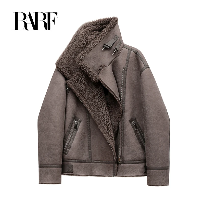 RARF 2024 Zipper for locomotive Autumn winter new women\'s thickened warm double-sided short jacket Women\'s brown coat