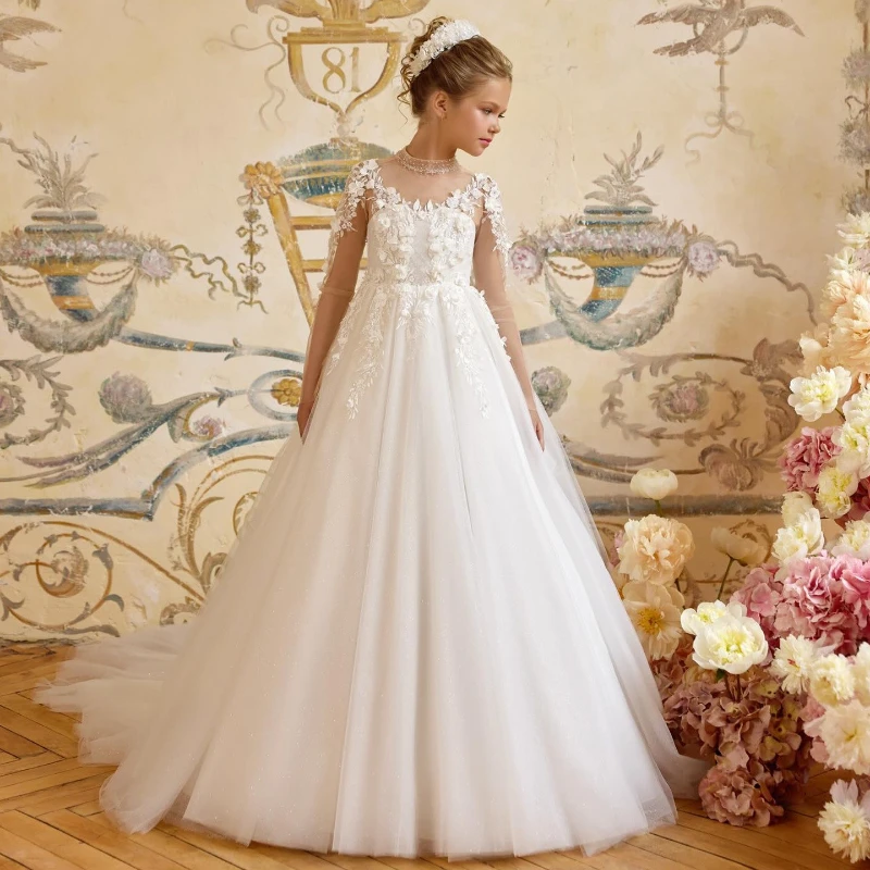 2026 New Kids Formal Dress Clothes Model Elegant Princess Girls White Lace Pageant Performance Outfit Gown Children Costume