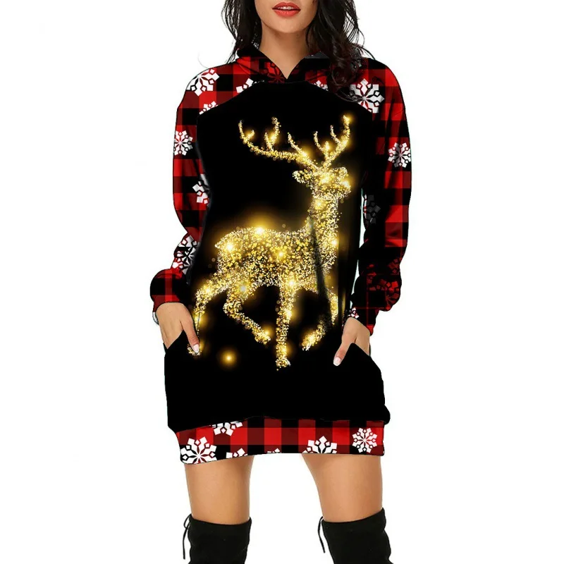 Kerstboom Print Vrouwen Feest Gebreide Hoodie Jurk Vrouwen Avondjurk Herfst Mode Losse Sexy Mini Festival Famale Kleding