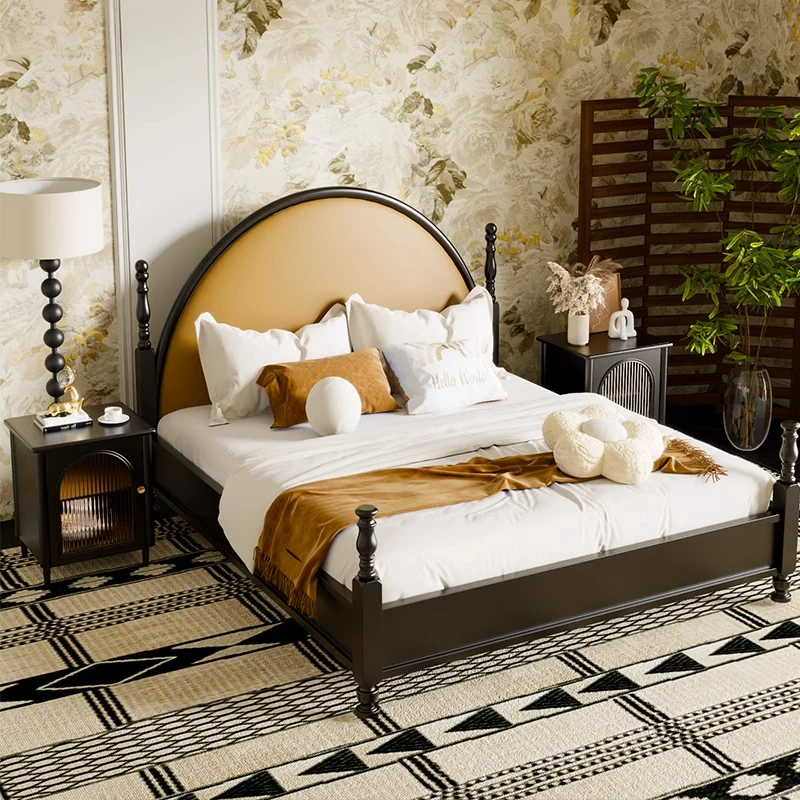 

Retro French Bed Light Luxury Leather Princess Castle Queen Trendy Bed Frame Design Sleeping Princess Cama Unique Furniture