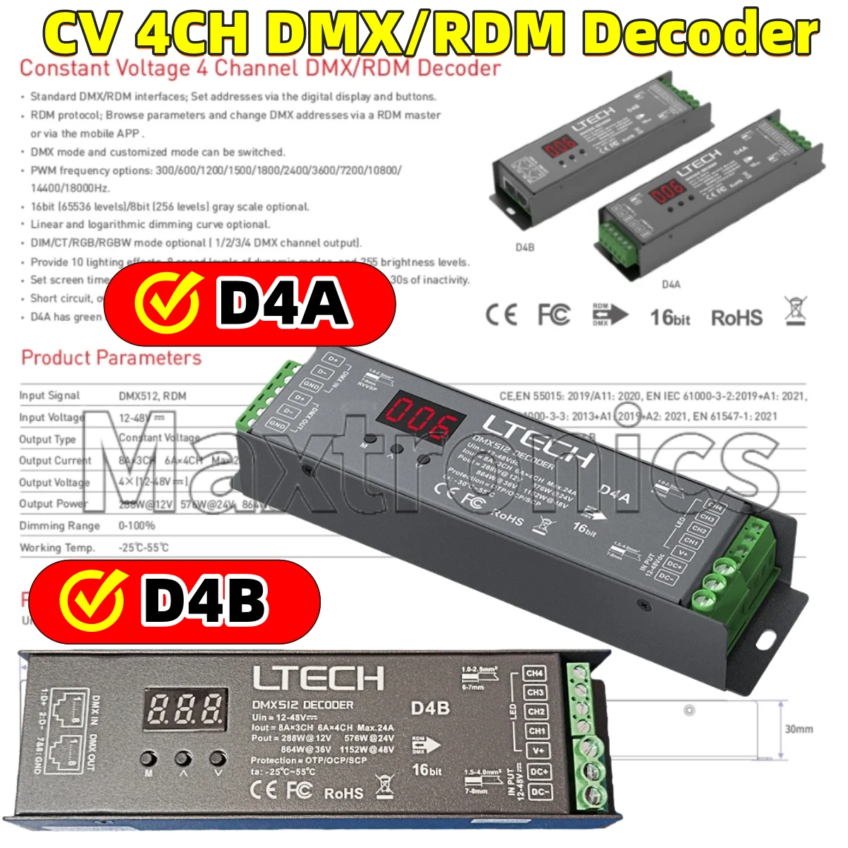 LTECH DMX/RDM Decoder DMX512 Slave Green Terminal/RJ45 Port 4 Channel CV Constant Voltage DC12-24V 6A/CH 24A(4CH) LCD Display