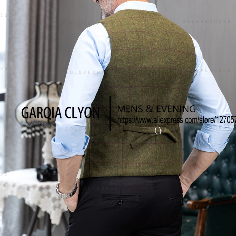 In Stock Men\'s Suits Vest Herringbone  Tweed Wool  Lapel Plaid  Tuxedo  Waistcoat For Jacket Groomsmen Vest For Wedding