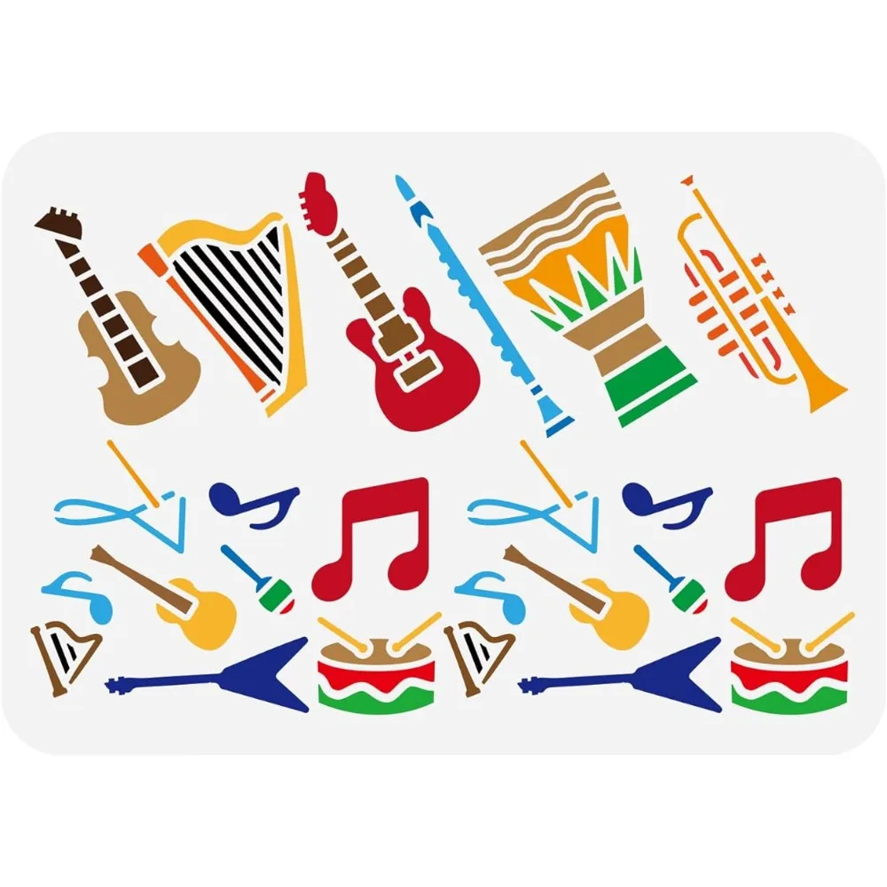 Reusable Musical Instruments Painting Template DIY Guitar Harp Bass Drums Recorder Music Note Stencil for Painting on Wood Wall