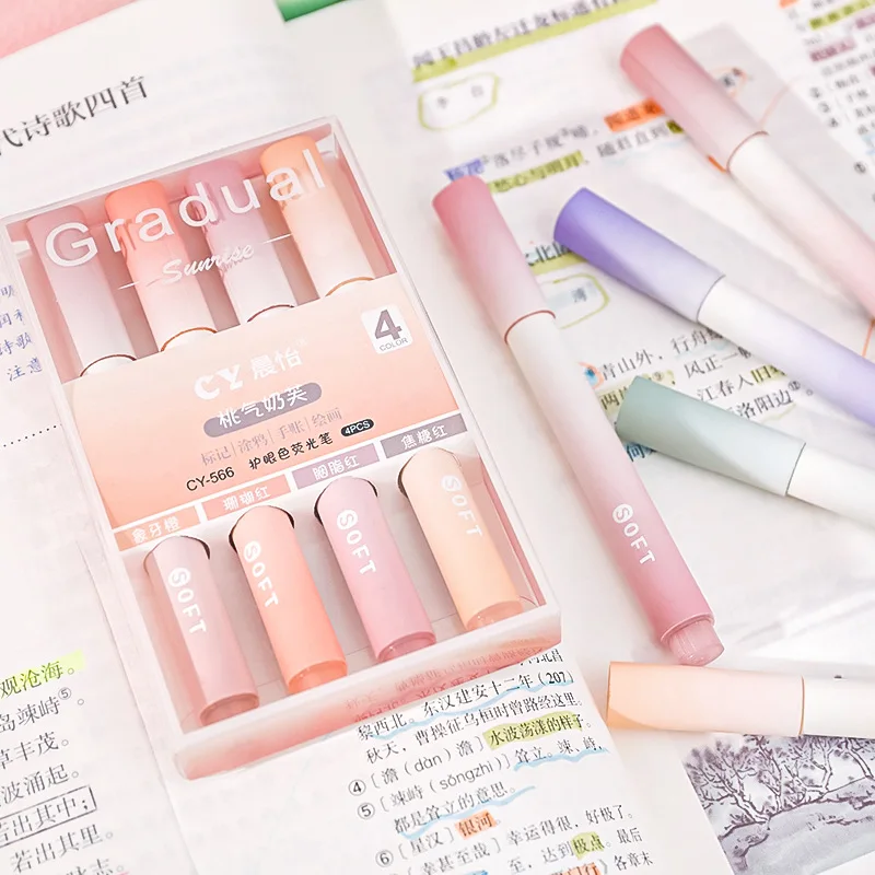 School Gradient Eye Protection Color Oblique Head Highlighter Student Notebook  Pen Large Capacity Set 4 Pack Marker  Wholesale