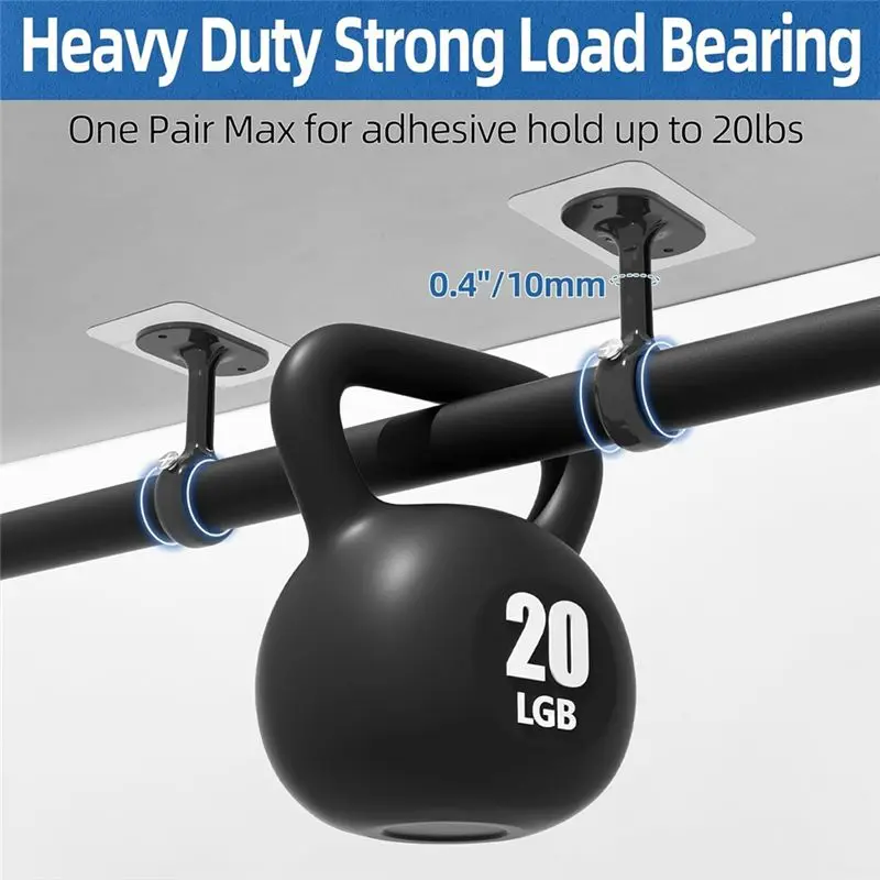 A84X-Heavy Duty Ceiling Mount Rod Brackets 6 Pack No Drill, Adjustable Hooks Self Adhesive Holders Black