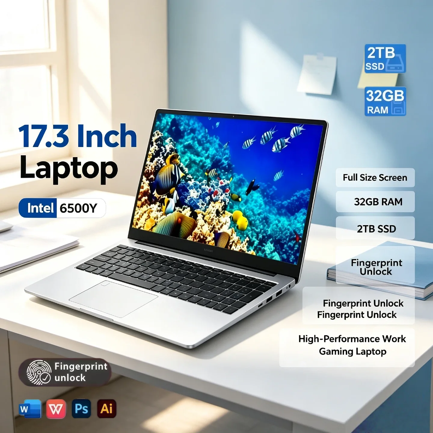 Intel 6500Y Work Gaming Notebook 32GB RAM 2TB SSD 17.3 Inch Full Size Laptop Fingerprint Unlock High Performance Pro