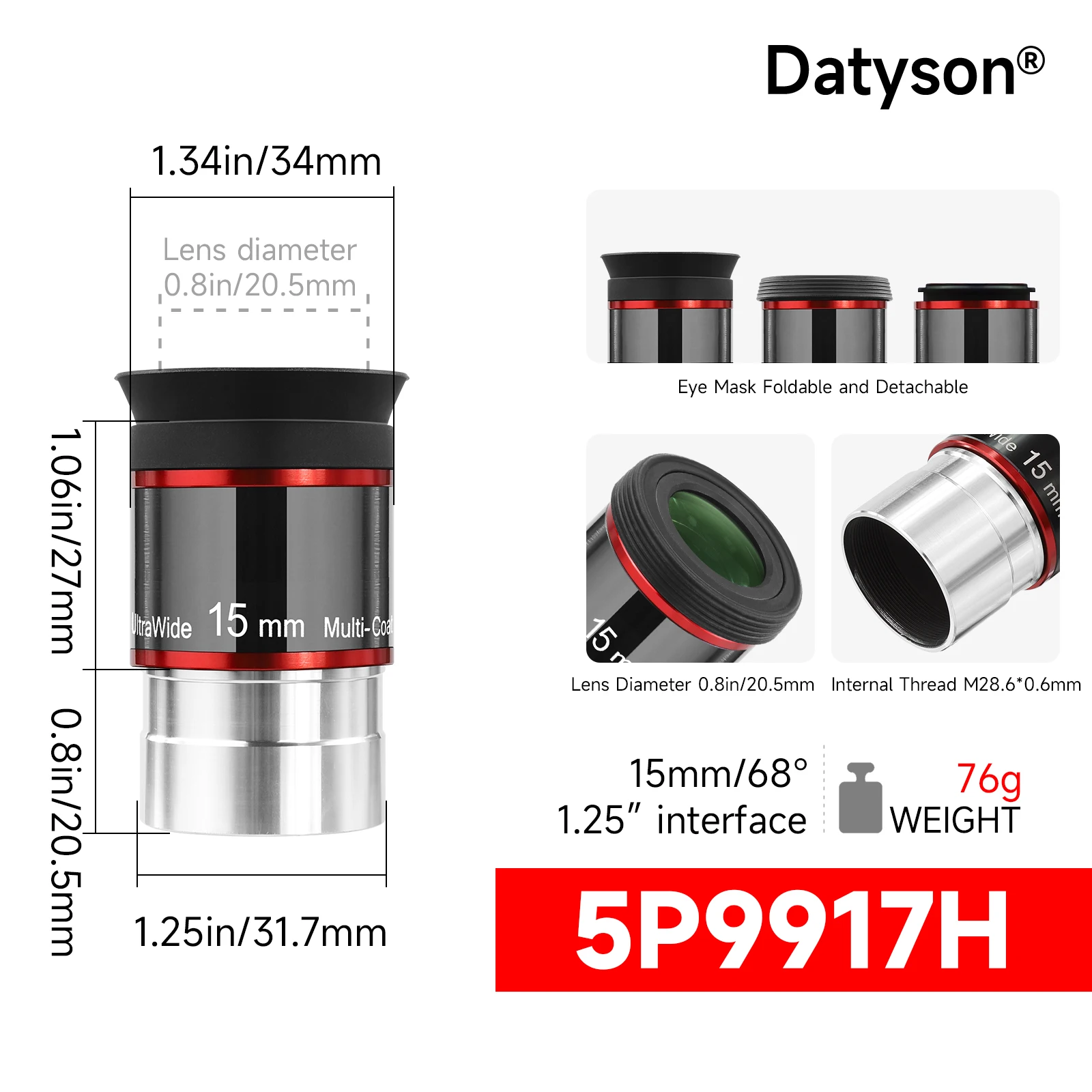 Oculaire de télescope Datyson, accessoire de télescope de 1,25 pouce, angle ultra large de 68 degrés (15 mm)