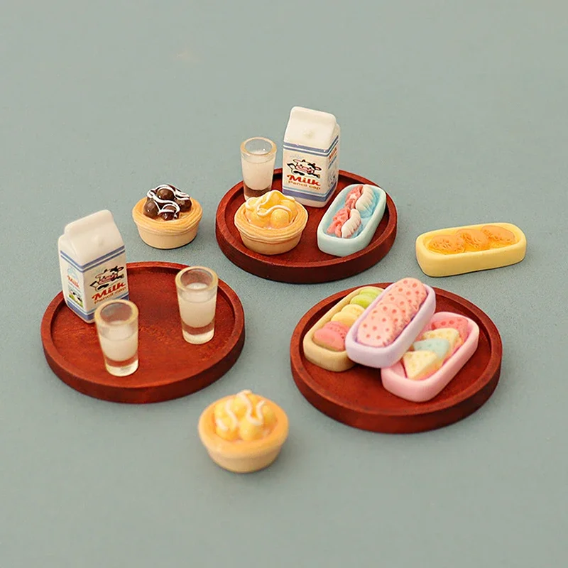 5PCS DIY Toy Scene Accessory Set, 1:12 Dollhouse Miniature Decorative Milk, Egg Tart, Biscuit Models, Include Meal Plate
