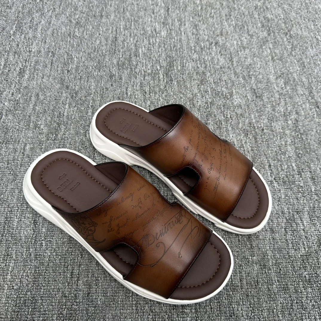 BLLIYOSS Men Patterned leather slippers 1895 Shoes New Calf stitching high quality  relief sculpture Embossed badge size 39-47