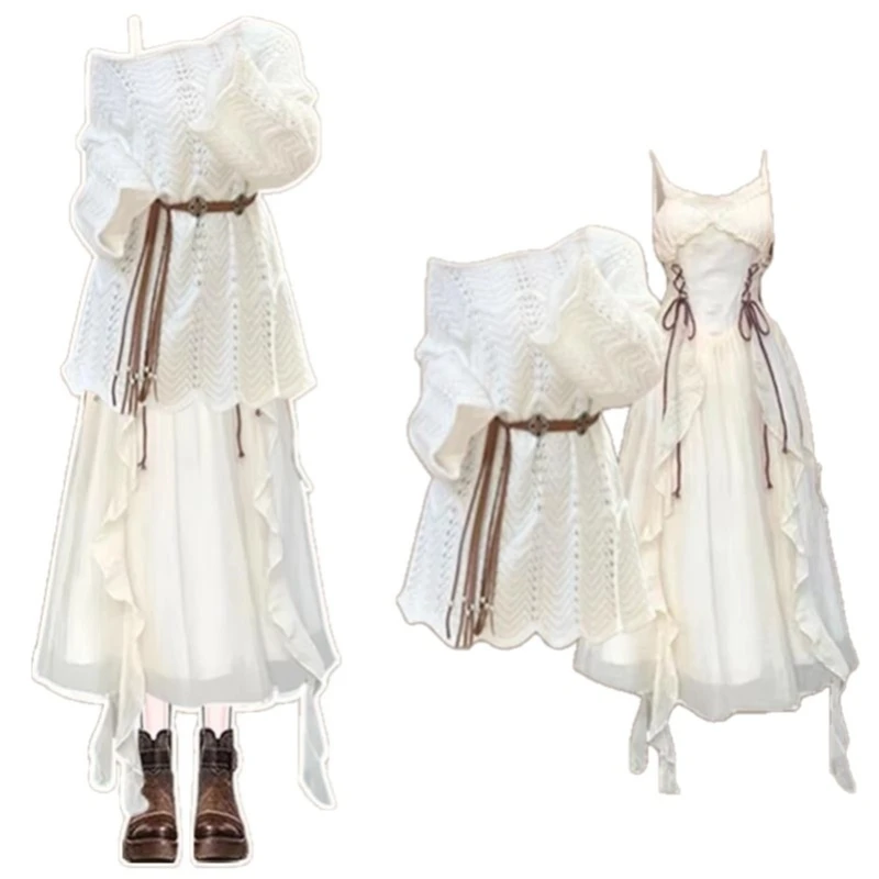 Primavera e outono moda casual blusa de malha + vestido branco boêmio elegante conjunto de duas peças feminino