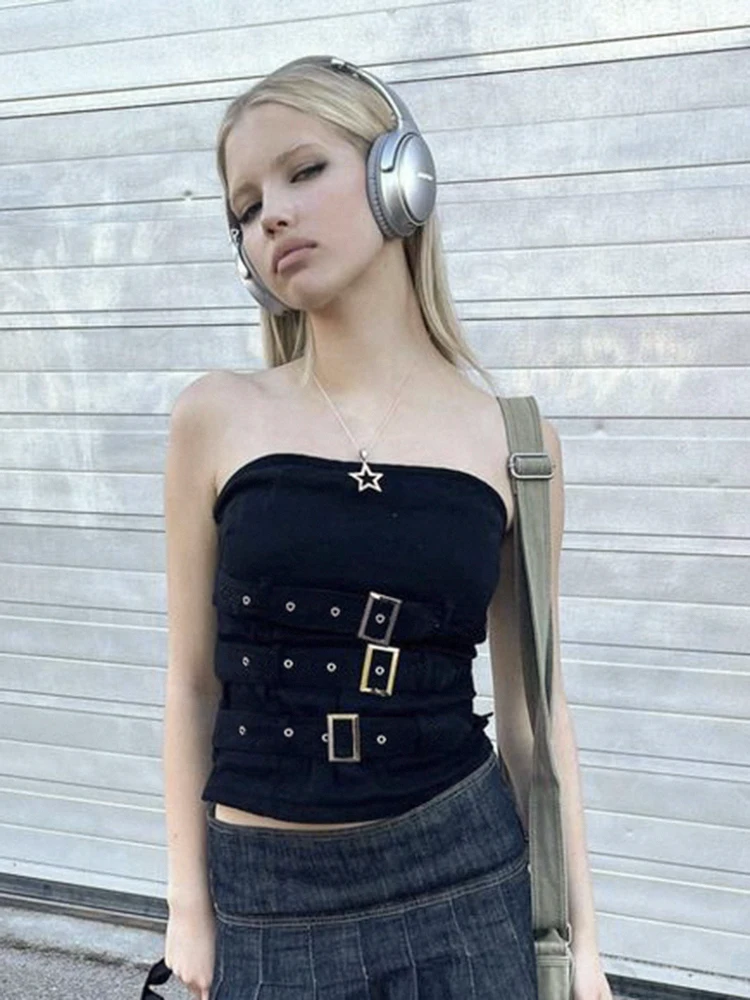 Rapcopter Y2K Băng Khóa Áo Top Đen Punk Grunge Crop Top Gothic Retro Dạo Phố Bộ Vest Nữ Thời Trang Đổ Mồ Hôi 90S