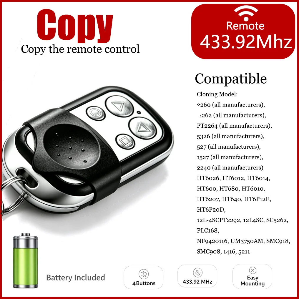Universal 433.92Mhz 4-Key Channel Remote Control Compatible with Electric Guardrail Push Rods And Garage Doors