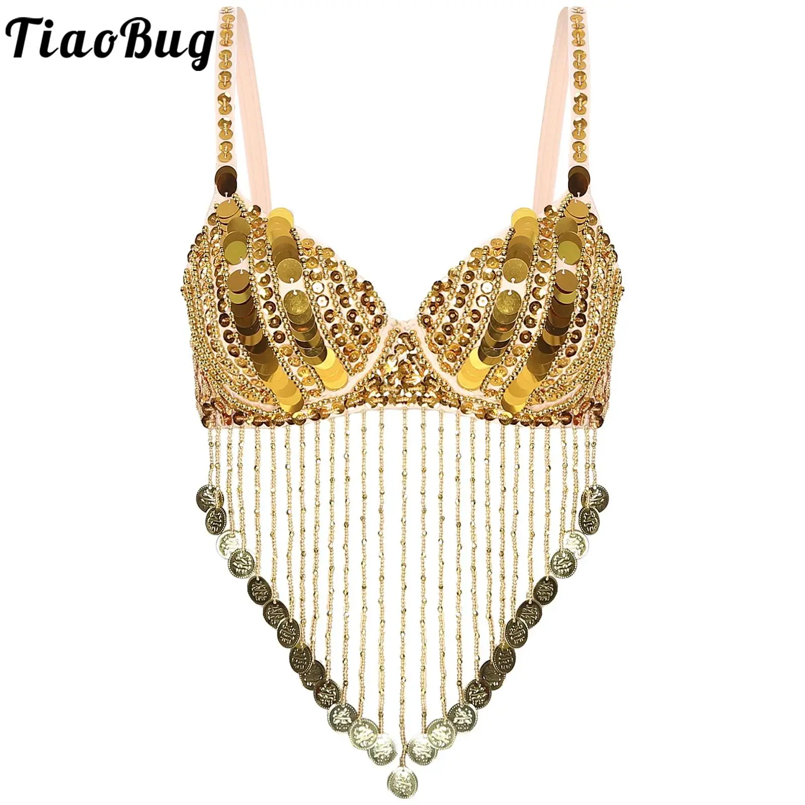 

Womens Sequin Beaded Belly Dance Bra Tops with Tassels Dance Costume for Music Festival Club Belly Dance Wear Clubwear