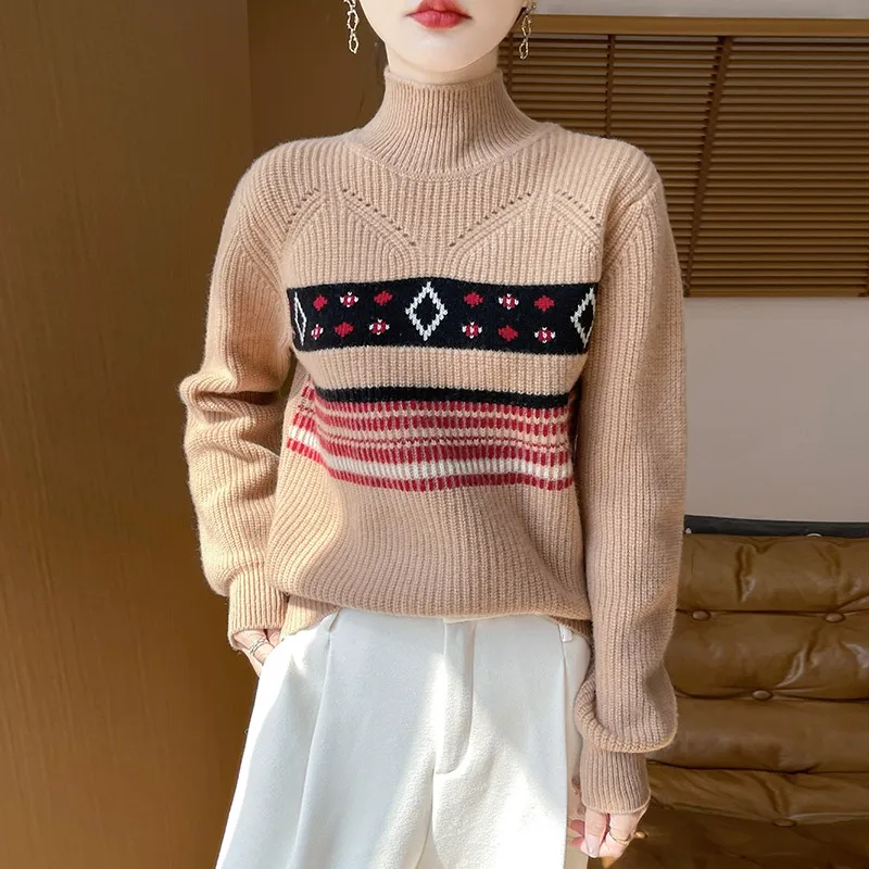 Women's Warm AutumnWinter Pullover With Half High Collar Jacquard hollow out fashionable Knitted Jumper 100% Merino Wool Sweater