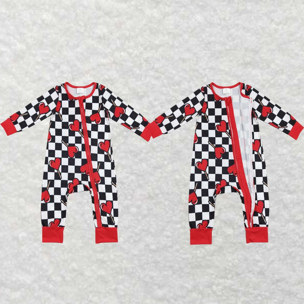 Wholesale hot sale baby kids newborn toddler clothes Red Lollipop Black and White Plaid Red Zipper Long Sleeve Jumpsuit