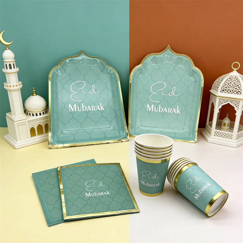 Eid Mubarak Einweggeschirr, Pappteller, Tassen, Servietten, Ramadan, Kareem, Zuhause, 2026, islamisches muslimisches Festival, Party-Dekoration, Zubehör