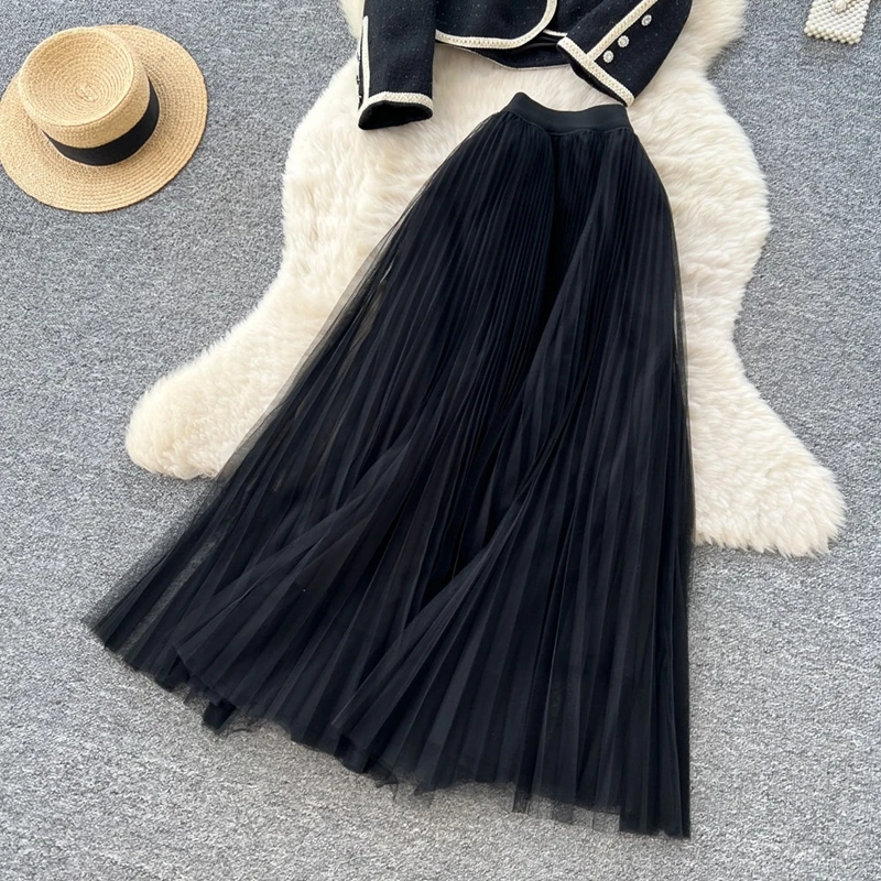 Xiaoxiangfeng Set Women's Autumn French High-End Round Neck Waist Suit Jacket Mesh Pleated Skirt Two-Piece Set
