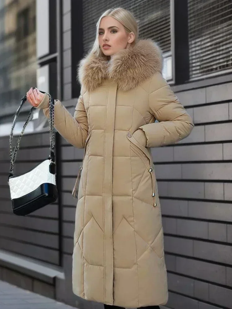 Parka de algodão grosso com gola de pele feminina, casaco de inverno de comprimento médio, casaco fino acima do joelho, roupas elegantes, vermelho,