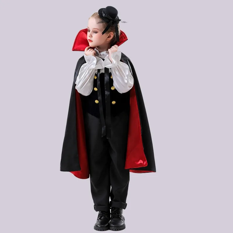 أزياء الحفلات التنكرية للأطفال - أزياء الهالوين على الوجهين لمصاصي الدماء الأمير - أحمر-أسود لطيف مخيف للأطفال لمرحلة الأداء