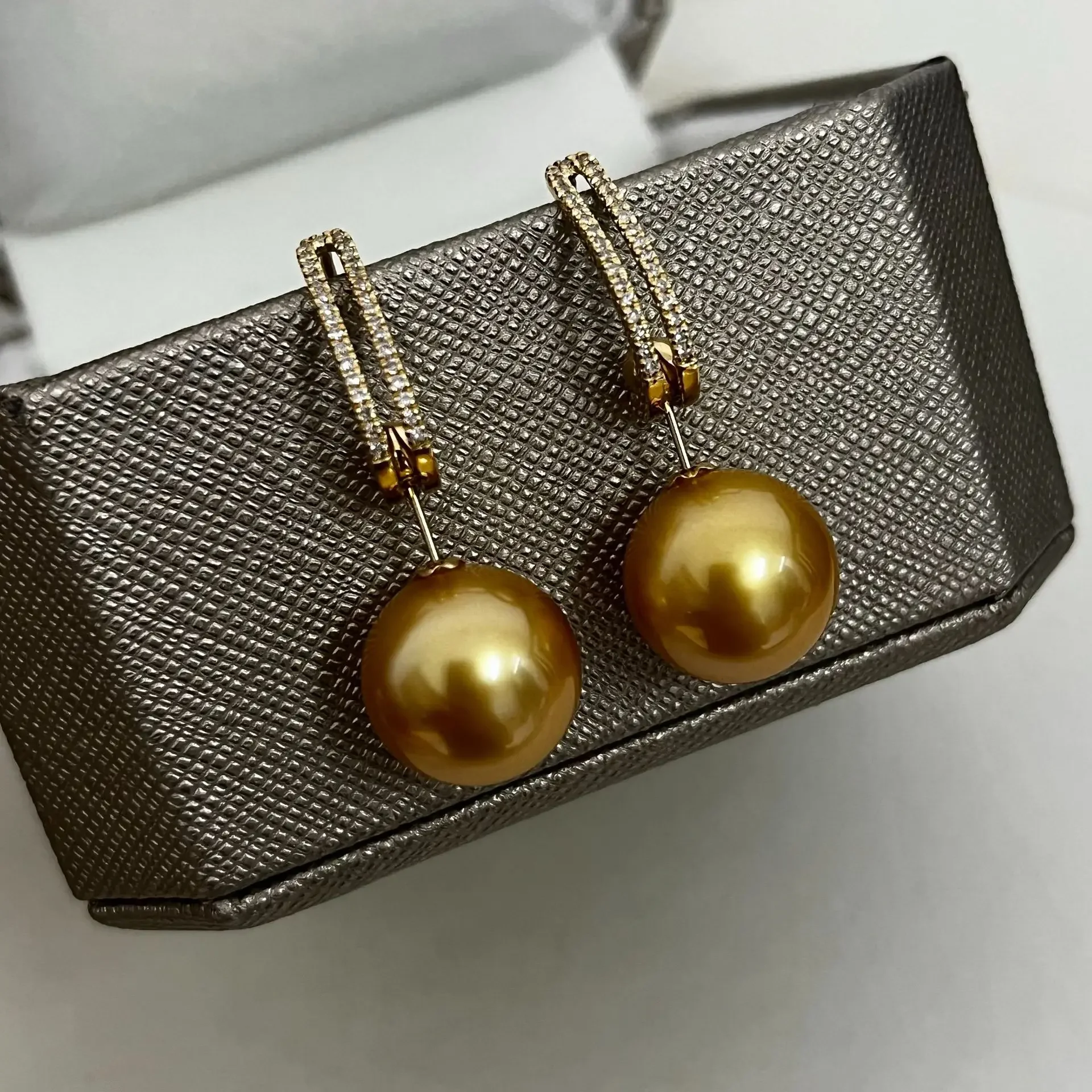 Pearl Earrings, Seawater Tea Gold Beads 13-14mm With Real Scientific Research Certificate, Women's Jewelry Earrings