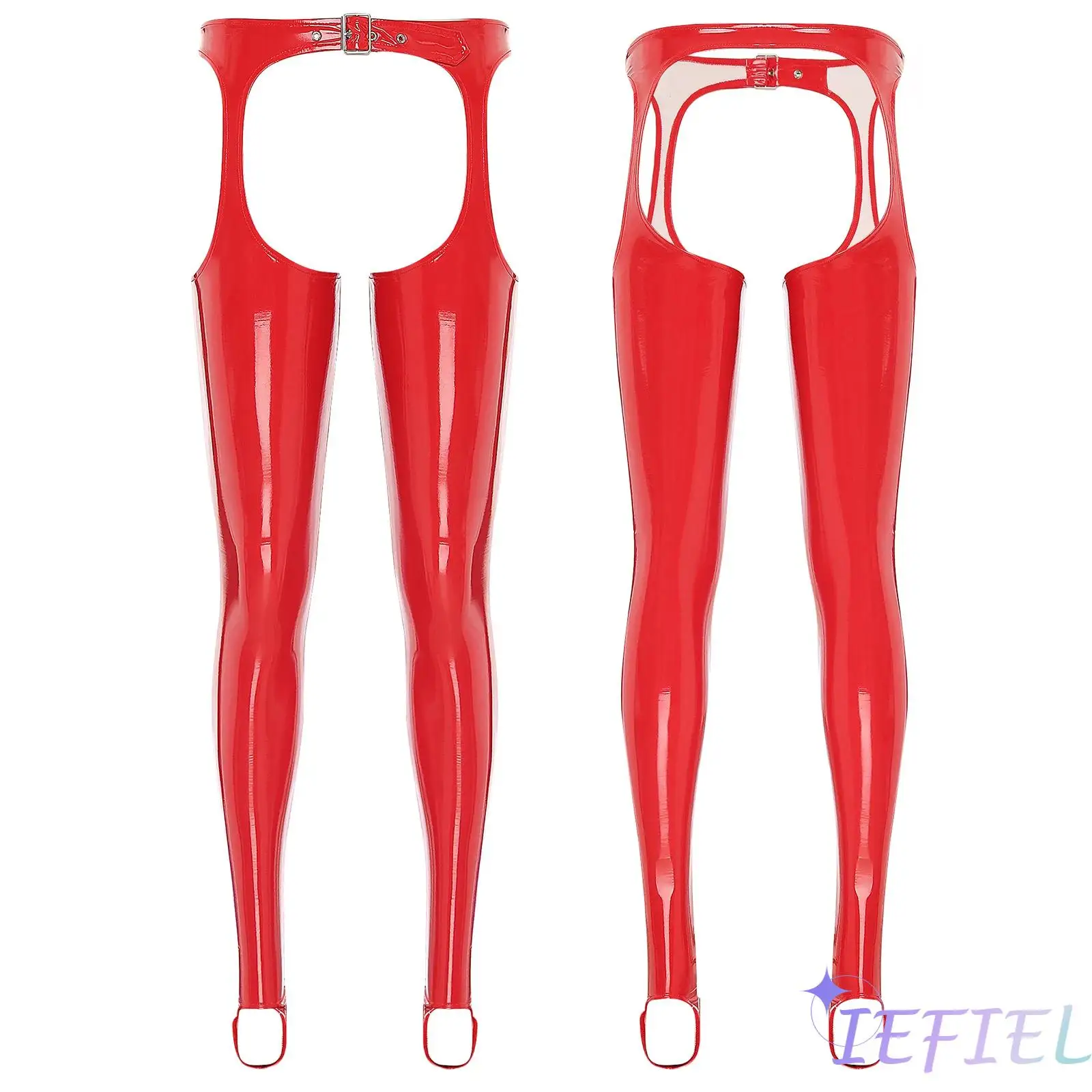 Women PVC Leather Chaps Stirrup Pants Buckle Waist Open Crotch Butt Thigh Cutout Skinny Suspender Leggings Pants Sexy Clubwear