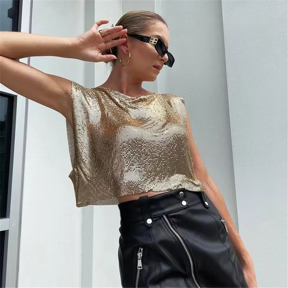 Sexy Party Crop Top Women Glitter TShirt Adjustable Metal Chain Summer Nightculb Bank Top Shirts for Women