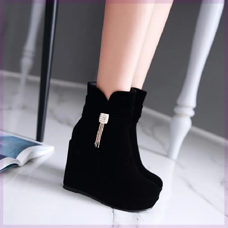 Women Boots High Heels Autumn Shoes Winter Footwear Zipper Chelsea Round Toe Stiletto Wedge Lolita Black Ladies Rubber Rock 2024