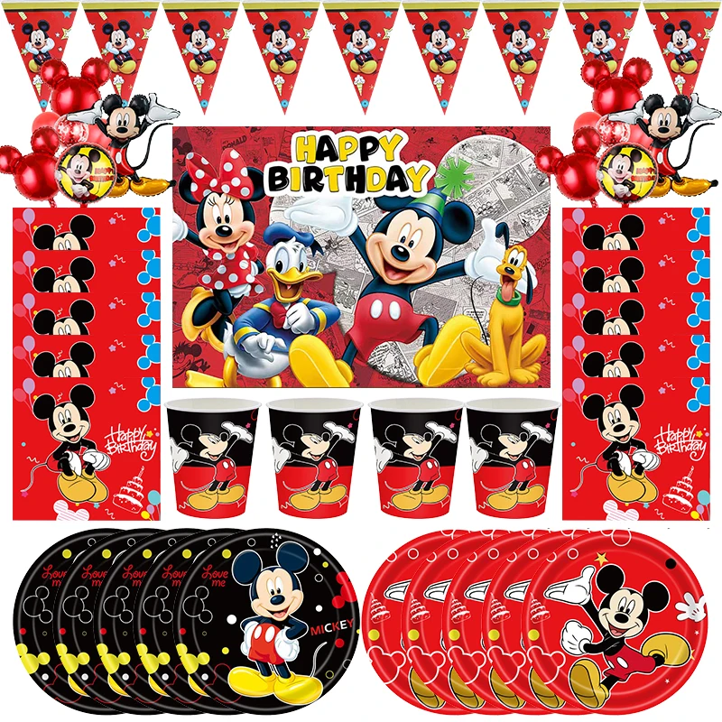 Red Mickey Mouse Party Decoration Birthday Supplies Disney Mickey Theme Tableware Set Happy Backdrop Balloons Deco For Kids Boy