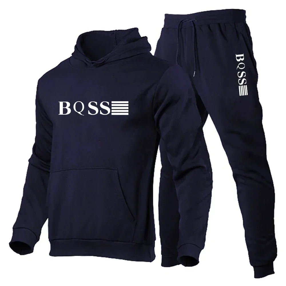 เสื้อสเวตเชิ้ตมีฮู้ดแฟชั่นสปอร์ตสำหรับผู้ชาย + กางเกงชุดสองชิ้นสำหรับการวิ่งในฤดูใบไม้ร่วงและฤดูหนาว ชุดกีฬาลำลองและฟิตเนส