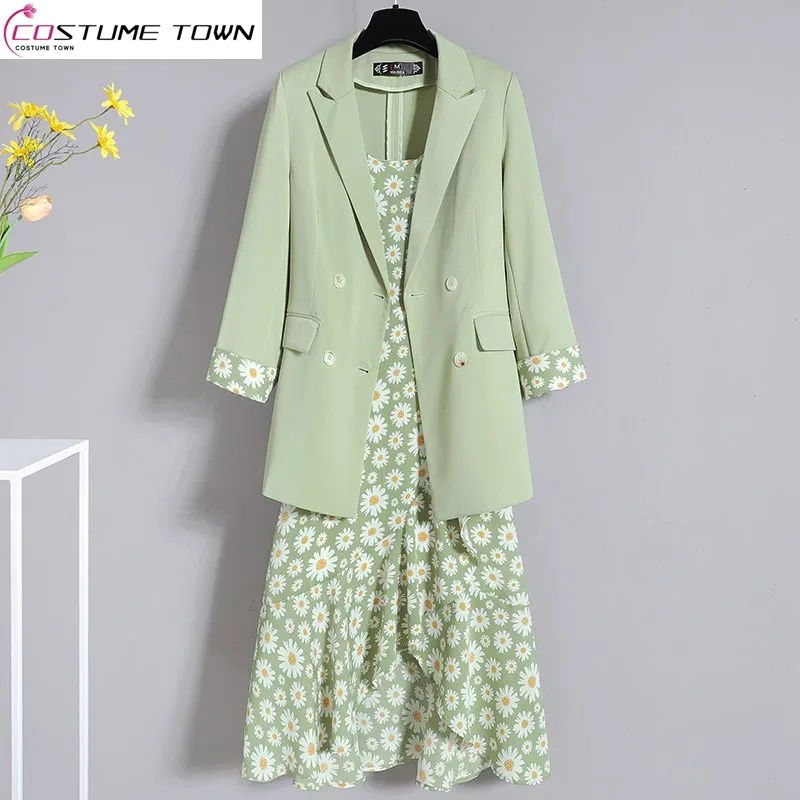 2023 Summer New Thin Jacket Retro Printed Ruffled Strap Dress Elegant Women's Dress Set Casual Outfits Office Clothing