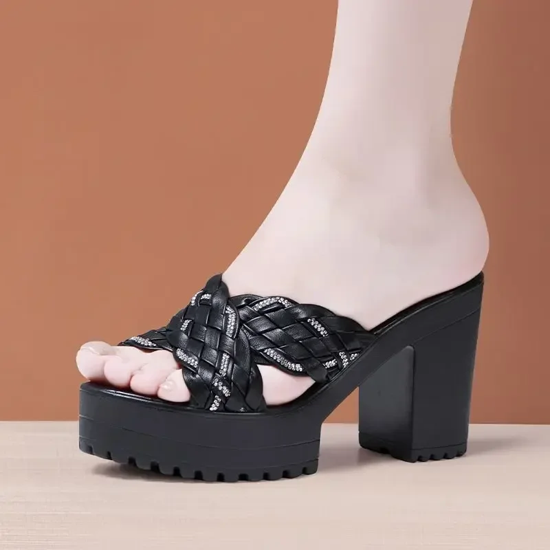 10cm Small Size 32-43 Thick Bottom Chunky Platform Shoes Summer 2024 Rhinestone Knit Block High Heels Slides Women Office Model