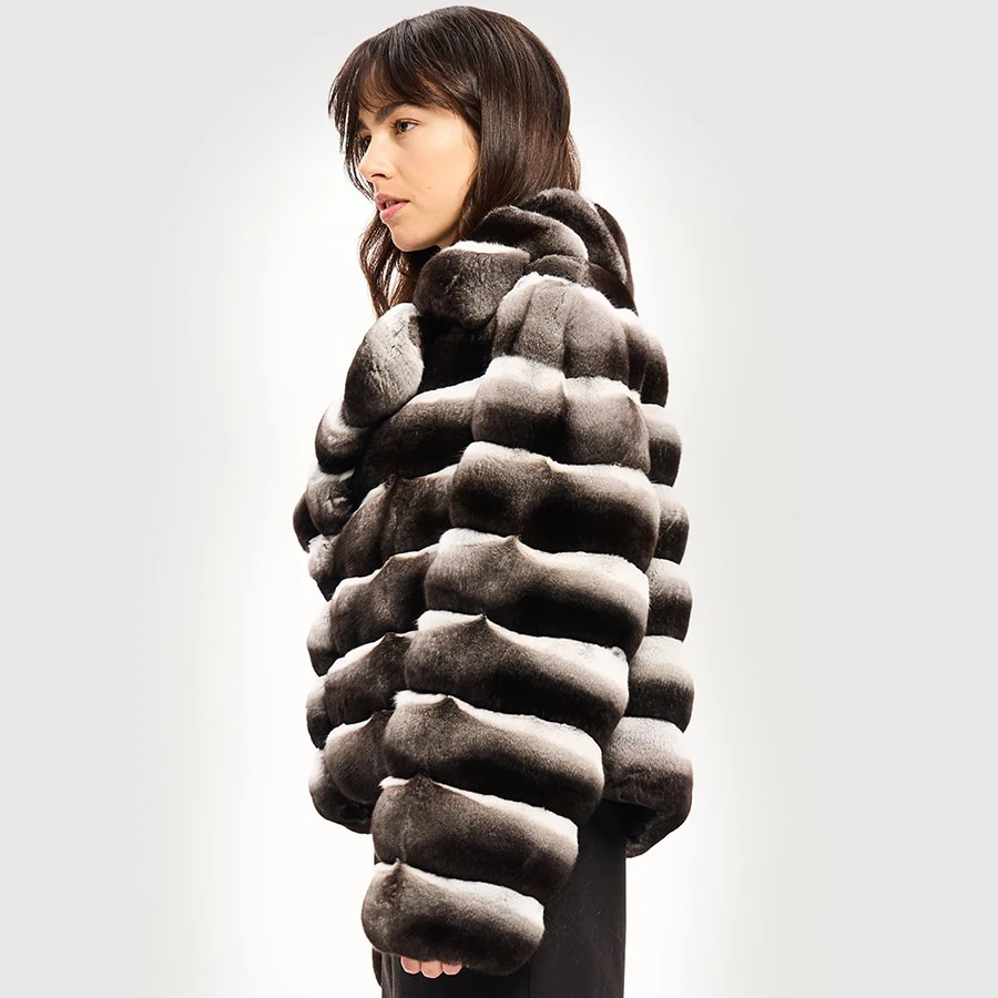 Abrigo de piel de conejo Chinchilla Rex para mujer, Chaqueta corta con solapa, moda de invierno, 2024