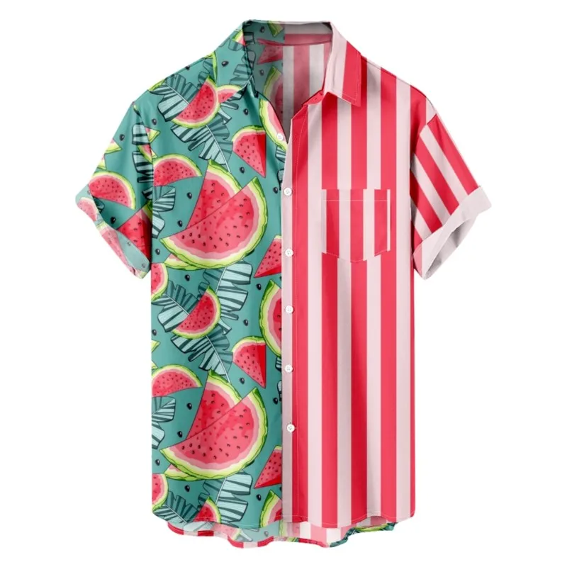 

Watermelon Stripe Print Chest Pocket Polyester Shirt Casual Daily Beach Short Sleeve Shirt Clothing Tops For Men