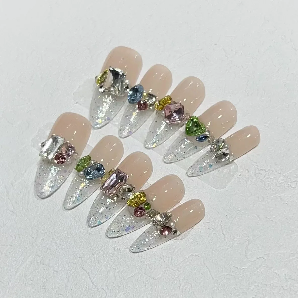 10Pc Long Amlond Press On Nails Candy Colorful Rhinestones Sequins Design False Nails French Tips Full Over Fake Nail Art Summer