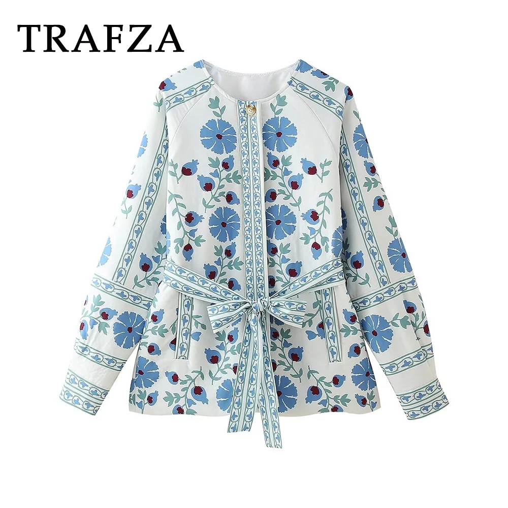 

TRAFZA 2024 Autumn Women Casual Print Coats Single Breasted Sashes Jackets Pockets Loose Warm Thick Female Fashion Outwears