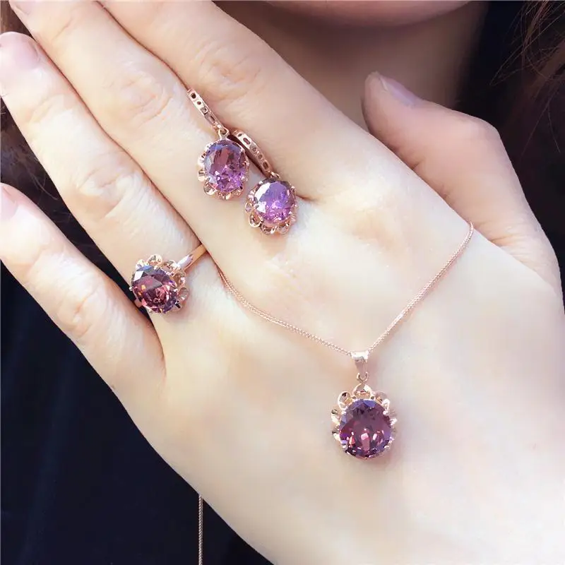 585 purple gold plated 14K rose gold inlaid gemstone earrings for women ring necklace sunflower luxury exquisite jewelry sets