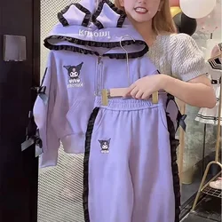 Sanrio Girls Autumn Kawaii Kuromi Casual Suit New Fashionable and Cute Middle and Large Children Hooded Top Two-piece Set