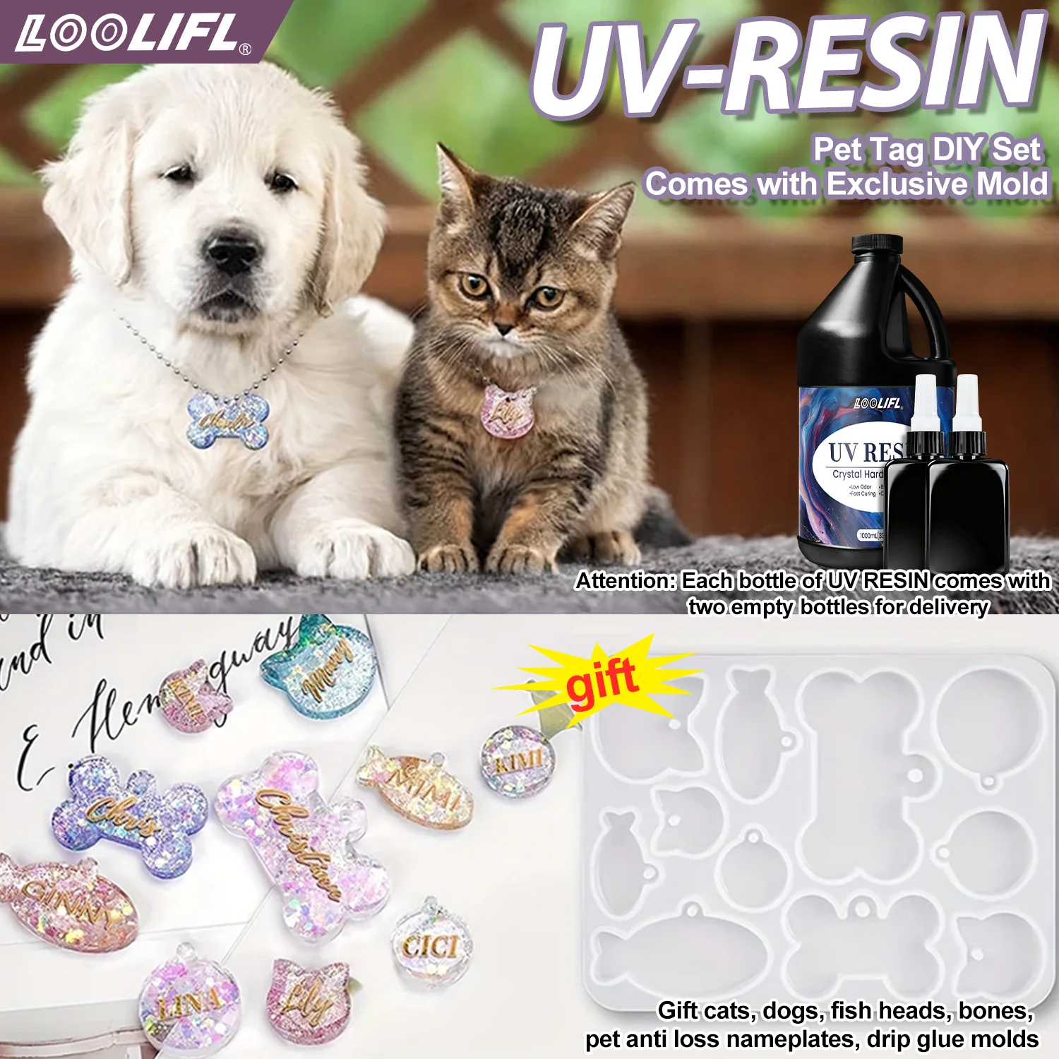 

Top Choice for Pet Tag DIY! UV Resin Set with Exclusive Molds, Fast Curing & Yellowing Resistance, Easier Handmade Creation