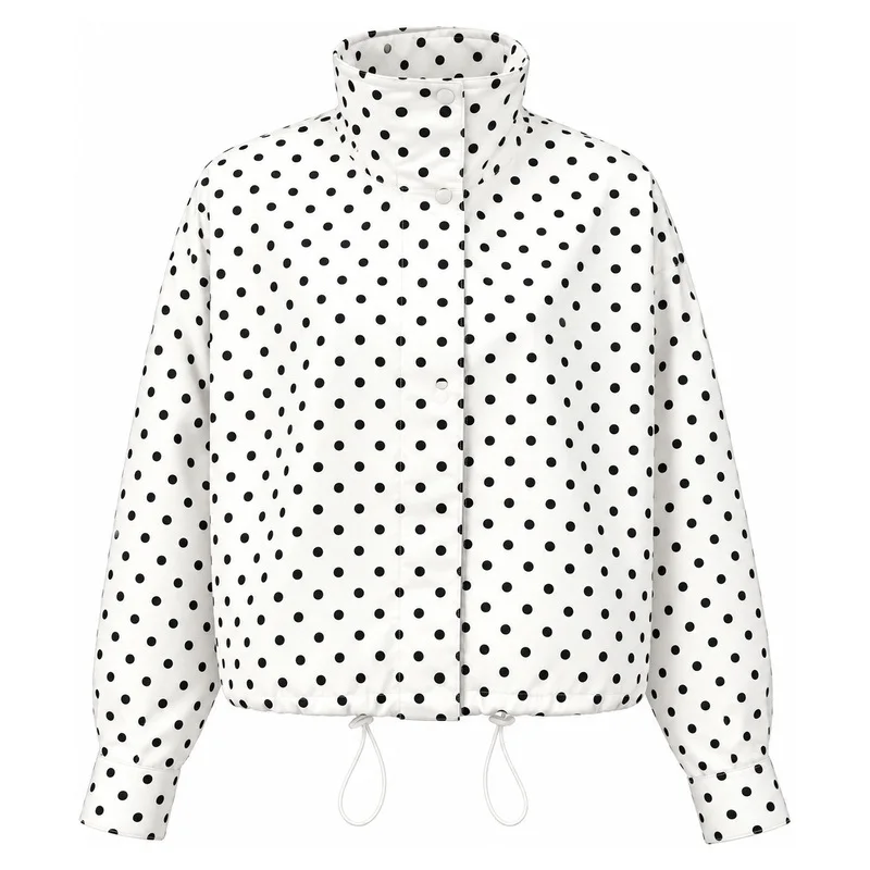 Women's Polka Dot Bomber Jacket Stand Collar Drawstring Hem Long Sleeve White Short Coat Casual Autumn Winter Outerwear