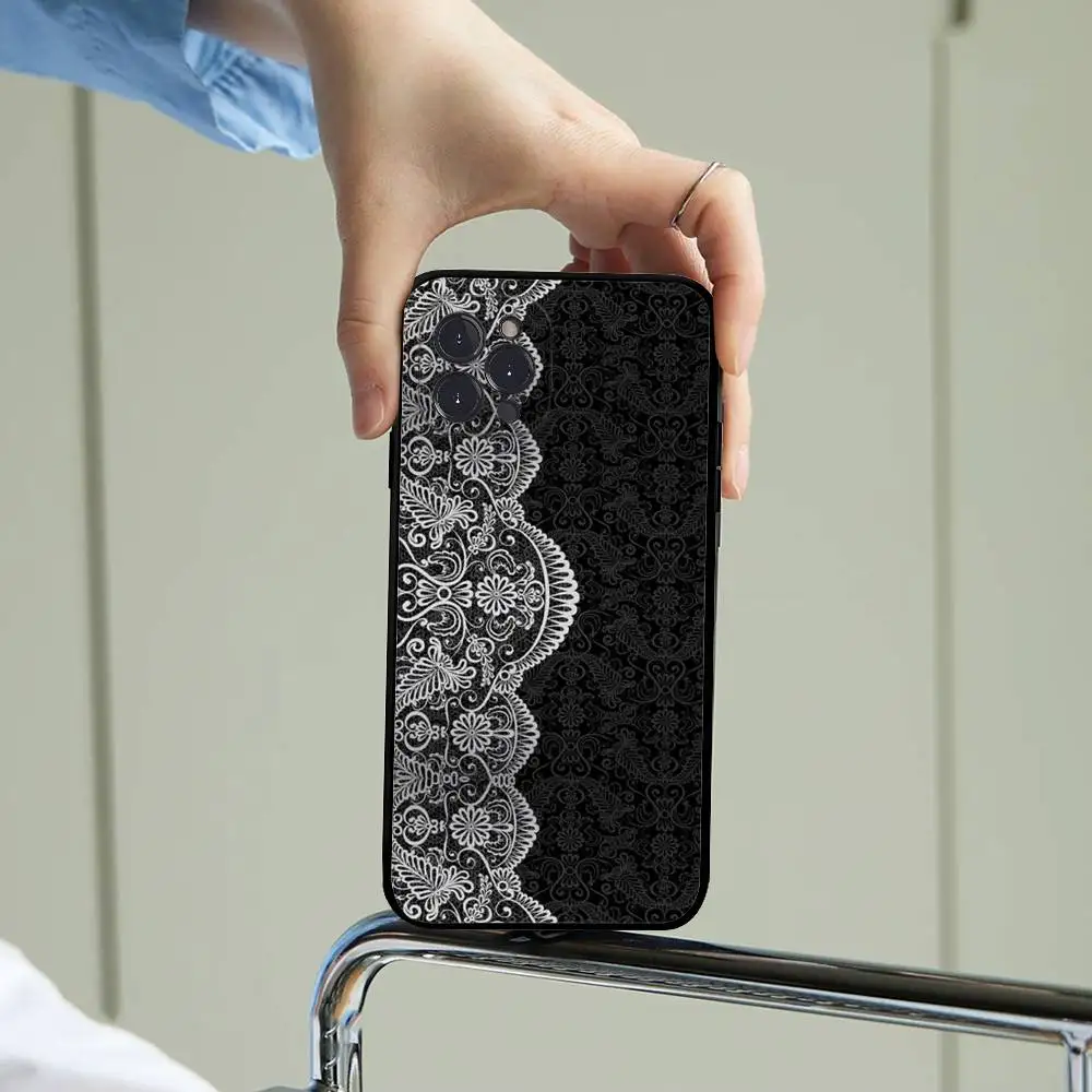 Estilo de renda legal menina caso de telefone para iphone 17 16 15 14 13 12 11 pro max plus preto escudo capa caso