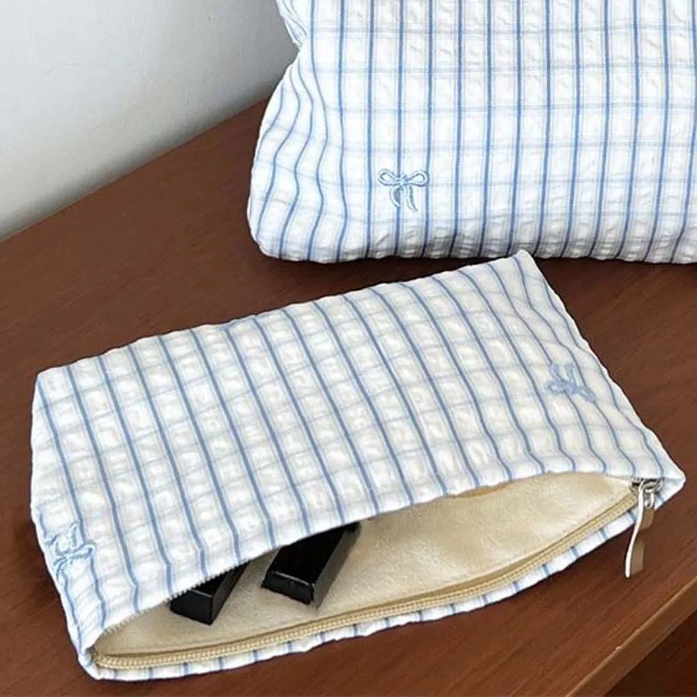 Classic Stripes Makeup Pouch Soft Canvas Smooth Zipper Cosmetic Organizer Compact Size Embroidered Pattern Toiletry Bag