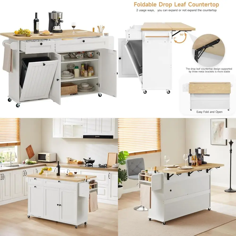 60-inch Kitchen Island with Built-in Power Outlet and Folding Leaf, Mobile Kitchen Cart with Spice and Towel Storage, and Knife
