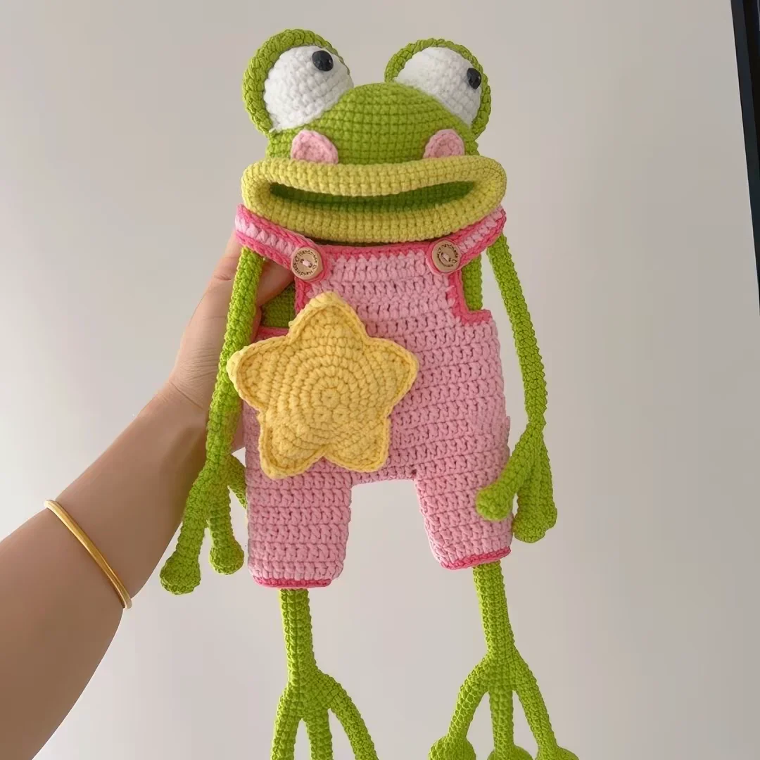 DIY Big Mouth Frog Mobile Phone Bag Handcraft Weaving Material Kit Hook Needle Included for Fashion Accessories Projects